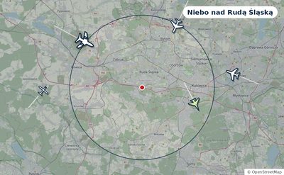 Mapa okolic miasta z sylwetkami samolotów — Niebo nad Rudą Śląską na żywo