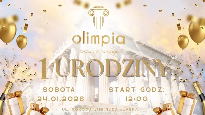 Grafika promocyjna wydarzenia 1 Urodziny Olimpii – Grecki Dzień Piękna i Relaksu (Olimpia Beauty & Massage)