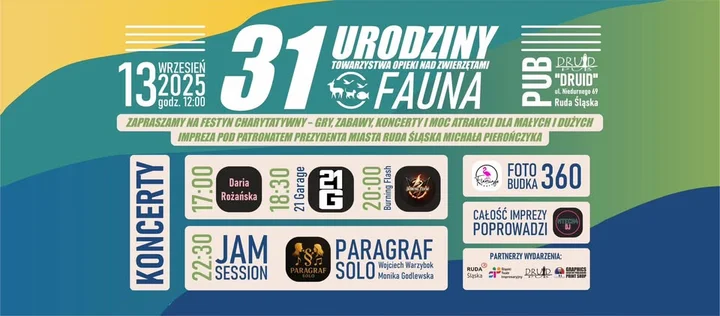 Obrazek przedstawia grafikę promocyjną wydarzenia 31. rocznica działalności TOZ „Fauna” w Rudzie Śląskiej