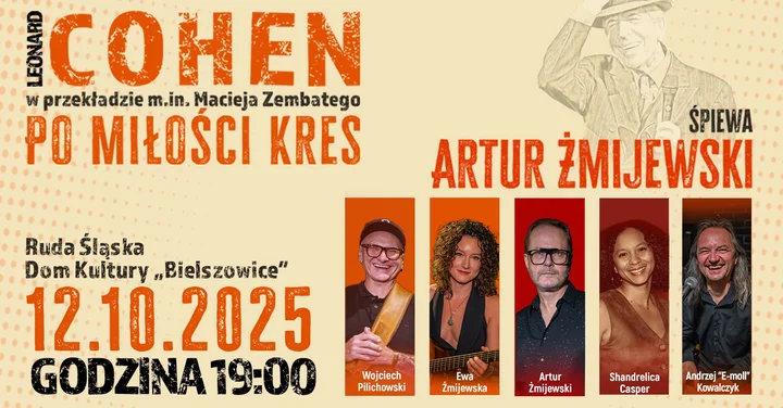 Obrazek przedstawia grafikę promocyjną wydarzenia Koncert piosenek Leonarda Cohena w wykonaniu Artura Żmijewskiego