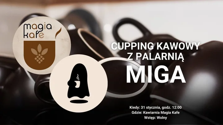 Grafika promocyjna wydarzenia Cupping z MIGA Coffee Roastery — degustacja kawy w Rudzie Śląskiej