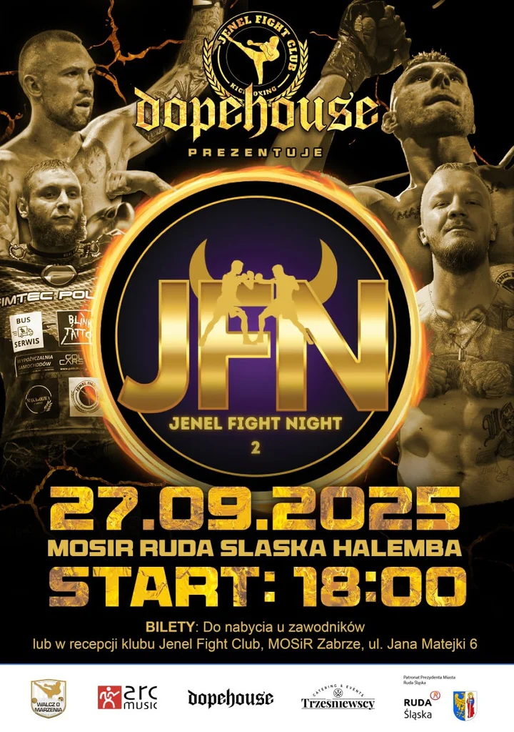Obrazek przedstawia grafikę promocyjną wydarzenia Gala walk bokserskich i MMA w Rudzie Śląskiej – 27 września 2025