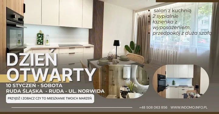 Grafika promocyjna wydarzenia Dzień Otwarty Mieszkanie – nowoczesne 43 m² po remoncie w Rudzie Śląskiej