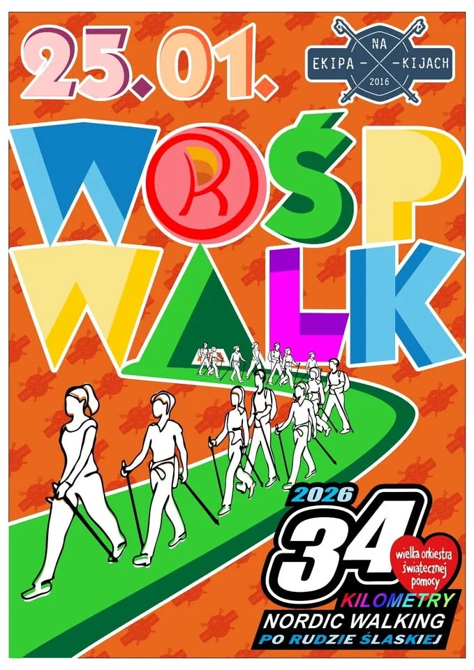 Grafika promocyjna wydarzenia Ekipa Na Kijach gra dla WOŚP — marsz nordic walking wokół Rudy Śląskiej