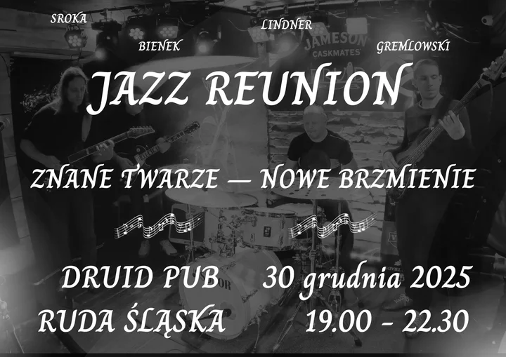 Grafika promocyjna wydarzenia JAM JAZZ REUNION — sesja jamowa z znanymi twarzami i nowym brzmieniem