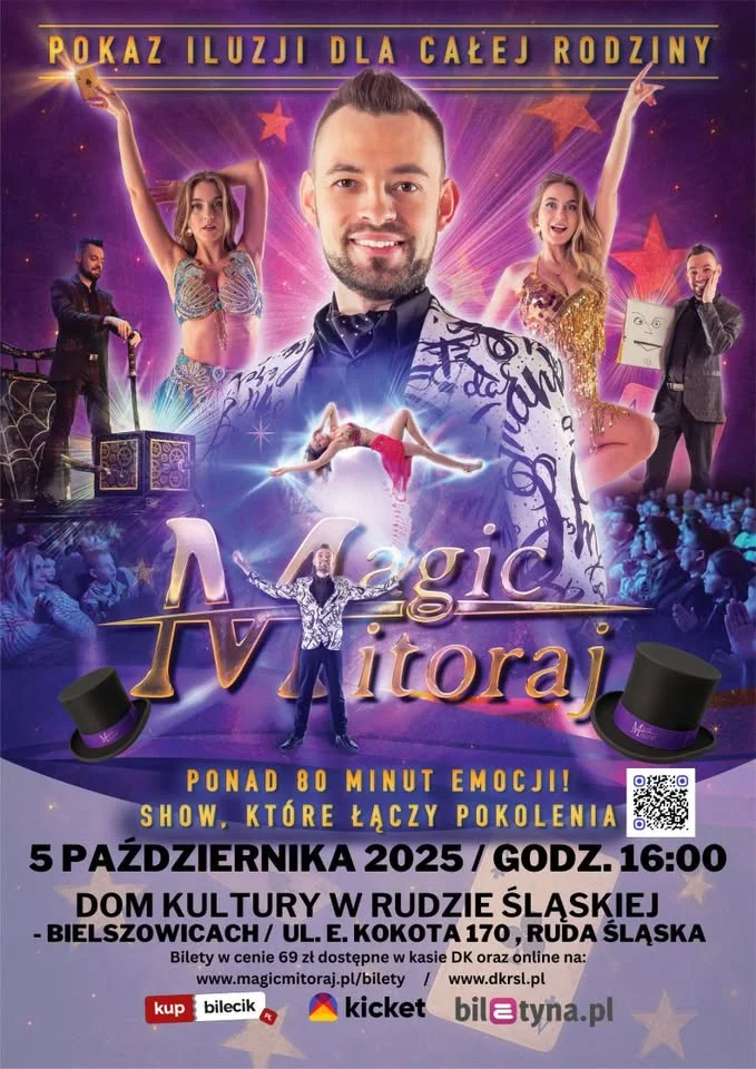 Obrazek przedstawia grafikę promocyjną wydarzenia Rodzinny pokaz iluzji z Magikiem Mitorajem