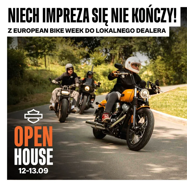 Obrazek przedstawia grafikę promocyjną wydarzenia Open House w salonie Harley-Davidson Silesia — dni otwarte dla miłośników motocykli
