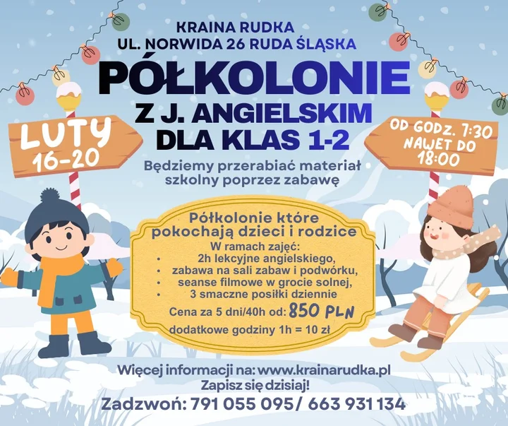 Grafika promocyjna wydarzenia PÓŁKOLONIE w Sali zabaw Kraina Rudka — tydzień pełen zabawy od 850 zł