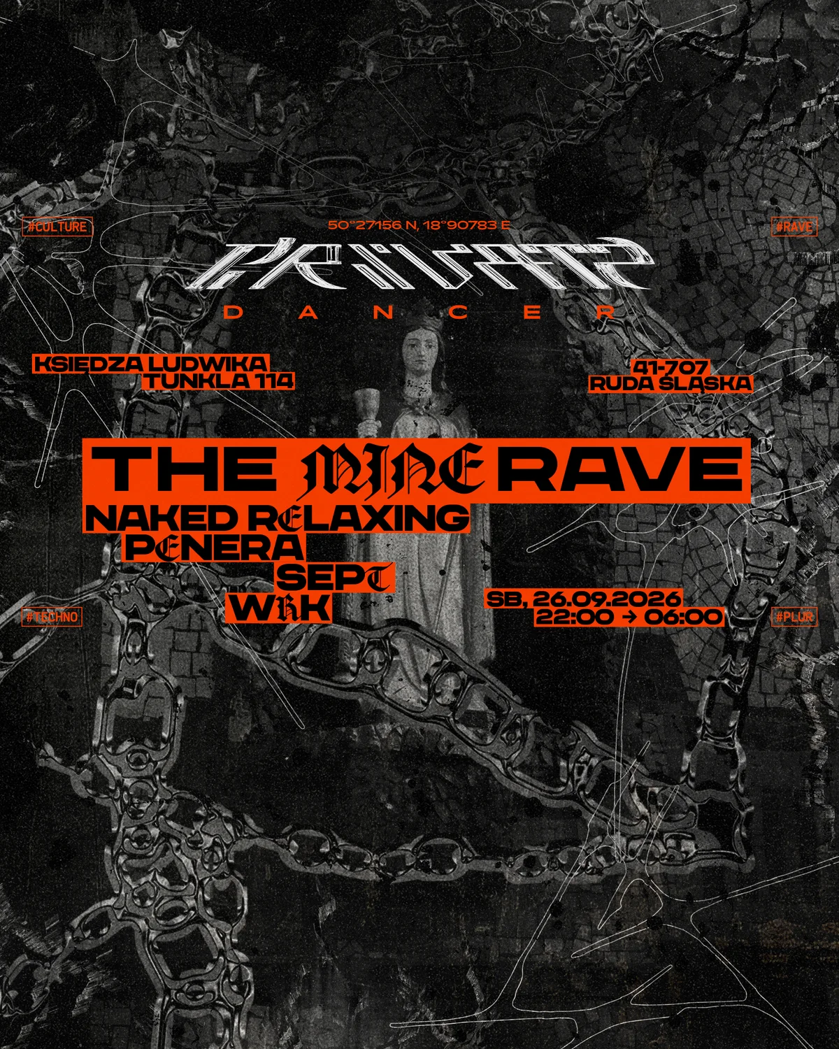 Grafika promocyjna wydarzenia PR1VAT3 D4NC3R: The Mine Rave w Rudzie Śląskiej