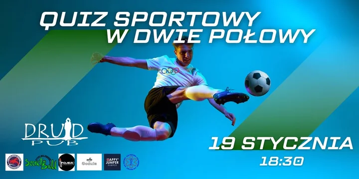 Grafika promocyjna wydarzenia Quiz sportowy „W dwie połowy. Olimpijski.” — wieczór pytań sportowych w Rudzie Śląskiej