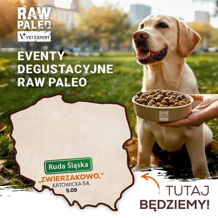 Obrazek przedstawia grafikę promocyjną wydarzenia Prezentacja karmy RAW PALEO w sklepie Zwierzakowo