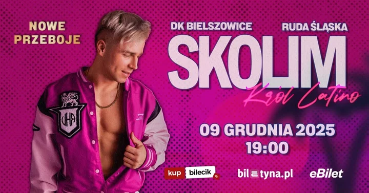 Grafika promocyjna wydarzenia SKOLIM w Rudzie Śląskiej — koncert 9 grudnia 2025