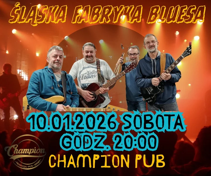 Grafika promocyjna wydarzenia Śląska Fabryka Bluesa w CHAMPION PUB — koncert 10 stycznia