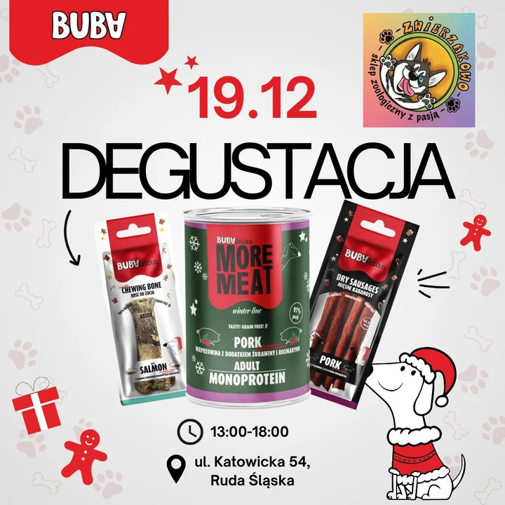 Grafika promocyjna wydarzenia Święta z BUBA — świąteczna degustacja przysmaków dla psów i kotów w Zwierzakowie