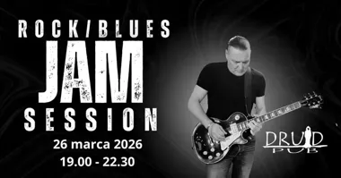 Grafika promocyjna wydarzenia Blues&Rock Jam Session — spontaniczne granie w Rudzie Śląskiej