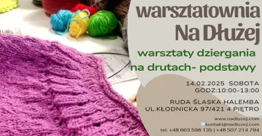 Grafika promocyjna wydarzenia Cykliczne Warsztaty dziergania na drutach dla początkujących – Ruda Śląska