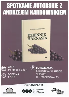 Grafika promocyjna wydarzenia Spotkanie z Andrzejem Karbownikiem — autor „Dziennika Harnasia”