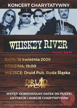Grafika promocyjna wydarzenia Whiskey River dla Dominika – koncert charytatywny w Druid Pubie w Rudzie Śląskiej