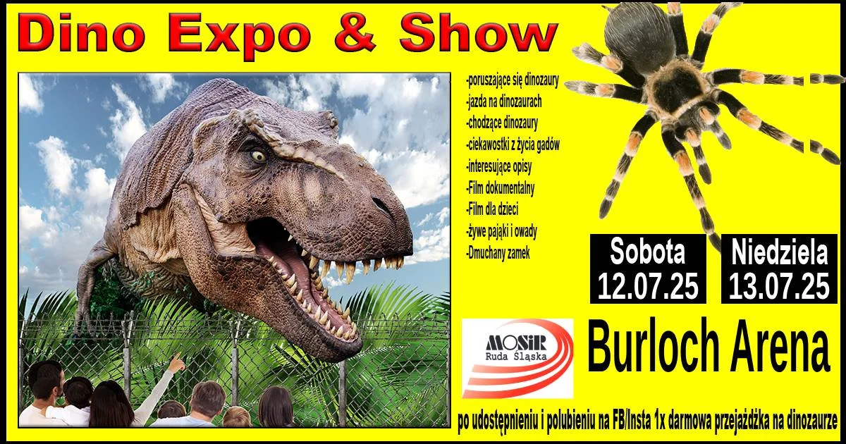 Grafika promocyjna wydarzenia Wystawa dinozaurów i egzotycznych zwierząt w Rudzie Śląskiej