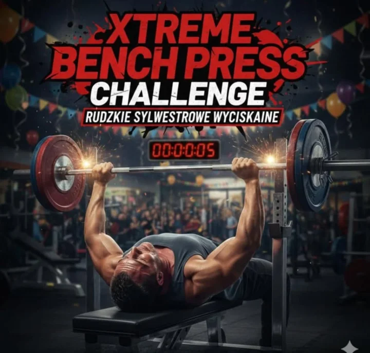 Grafika promocyjna wydarzenia Xtreme Bench Press Challenge — rudzkie sylwestrowe wyciskanie